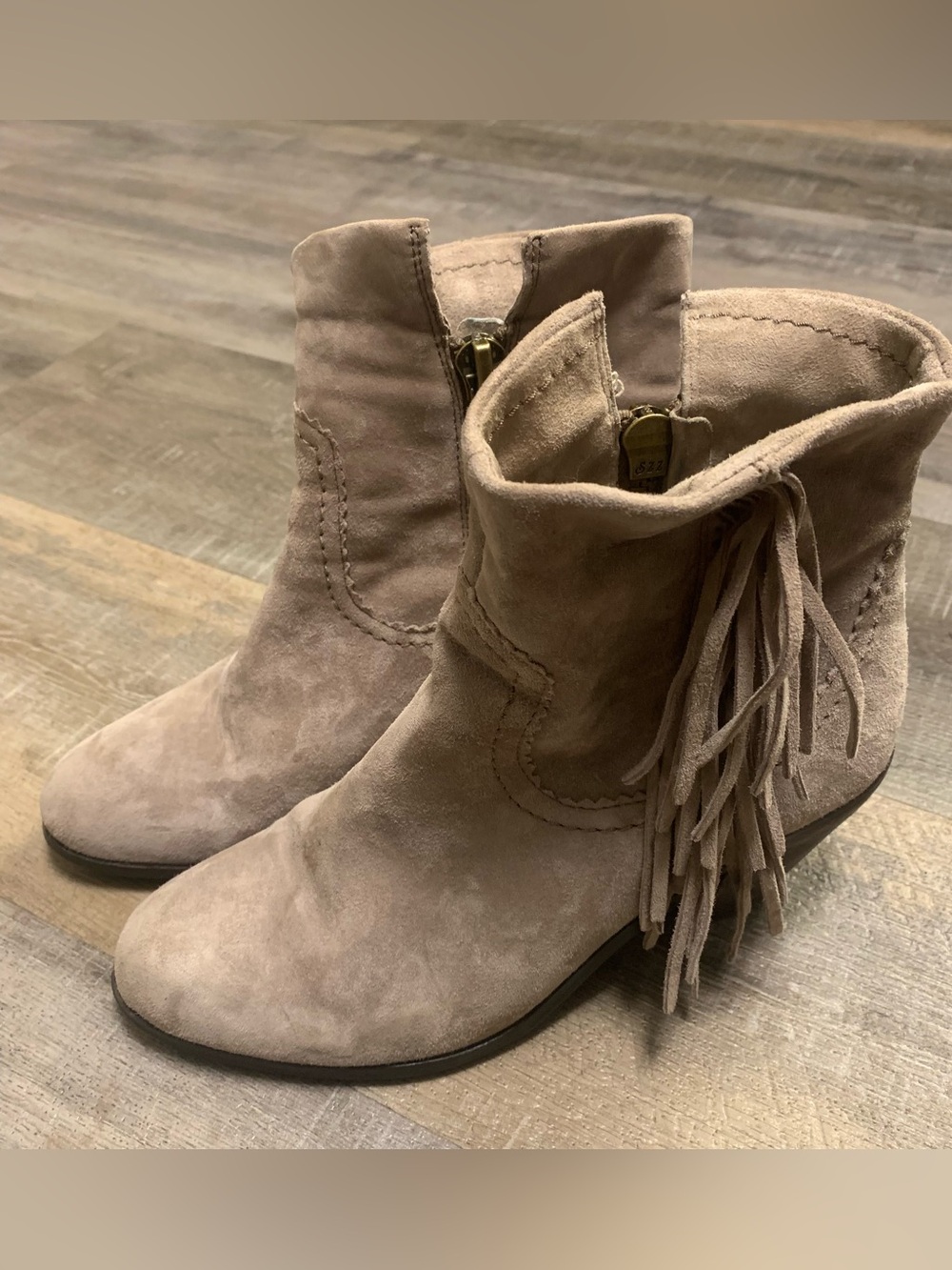 Sam Edelman Louie Taupe Suede Leather Fringe Zip Ankle Cowboy Boots Women’s 7.5